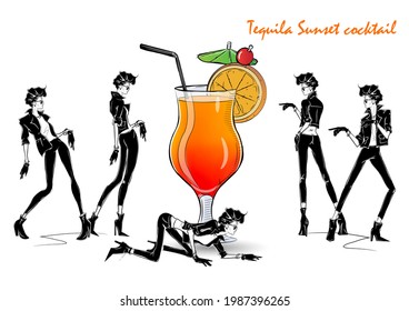 Tequila Sunset cocktail. Fashion girl in style sketch with cocktail. Vector Illustration