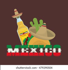 Tequila taco hat and cactus . Mexico landmark and mexican culture theme. Colorful design. Vector illustration