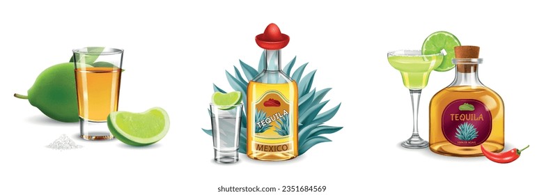 Tequila three realistic compositions consisting of bottles and wineglasses decorated wing limes and blue agave isolated vector illustration