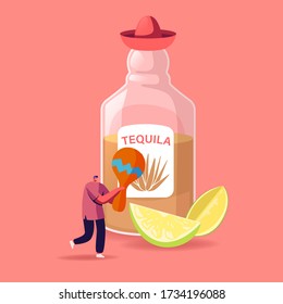 Tequila Traditional Mexican Drink Concept. Tiny Male Character Holding Maracas Stand at Huge Tequila Bottle in Sombrero Hat and Lime Slices beneath. Cinco de Mayo Festival. Cartoon Vector Illustration