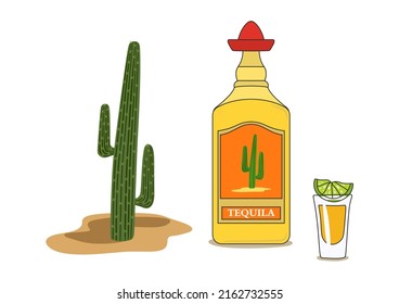 Tequila vector bottle and shot of tequila with lime on a white background. Cactus, sombrero, sand. Yellow, red, green.
