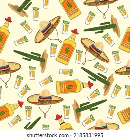 Tequila vector bottle and shot of tequila with lime on a light yellow background. Cactus, sombrero, sand. Yellow, red, green. Seamless pattern.
