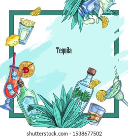 Tequila vector frame in colorful engraving style with bottles, cocktails, and agave. Background for bars, pubs, restaurants in Mexican style.