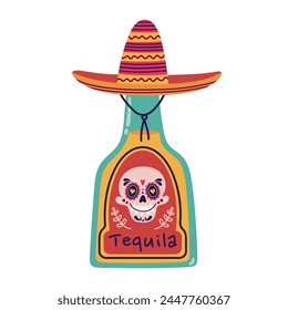 Tequila vector illustration. Glass bottle with Mexican alcohol, sombrero cork, sugar skull label. Traditional agave drink, booze for carnival, fiesta, event. Hand drawn clipart isolated on white