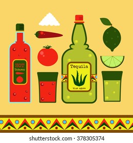 Tequila vector set. Everything you need drink tequila: hot sauce, lime, salt, pepper, bottle. 