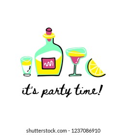Tequila vector set with It's party time! lettering