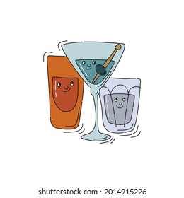 Tequila vodka martini glassware with smile face on white background. Cartoon sketch. Doodle style with black contour line. Cute hand drawn glass. Party drinks concept. Kawaii freehand drawing style.
