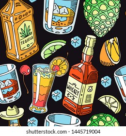 Tequila and whiskey drink liquid seamless pattern vector illustration. Alcohol with snacks, bottles. Cocktail and champagne. Cognac and juice with ice, cherry, lemon, lime.