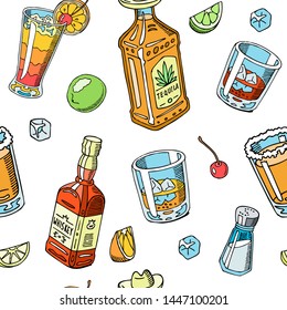 Tequila and whiskey drink liquid seamless pattern vector illustration. Alcohol with snacks, bottles. Cocktail and champagne. Cognac and juice with ice, cherry, lemon, lime.