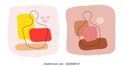 Tequila and wine bottle on abstract background. Hand drawn doodle various shapes, spots. Contemporary modern trendy illustration. Minimalistic сoncept of alcoholic beverages in flat style design.
