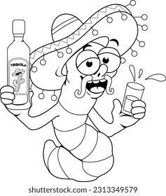 Tequila worm drinking a bottle of tequila. Vector black and white coloring page.