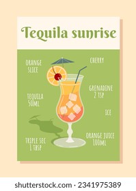 Tequilla sunrise intgredients concept. Orange slice and juice, cherry, grenadine and tequilla. Poster with cocktail in glass. Alcoholic drink and beverage. Cartoon flat vector illustration