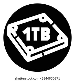 Terabyte data storage capacity icon features a bold 1tb text inside a stylized baseball field shape on a solid black circular background, symbolizing ample digital memory