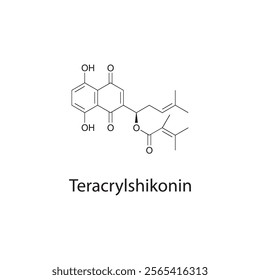 Teracrylshikonin skeletal structure diagram.Naphthoquinone compound molecule scientific illustration.