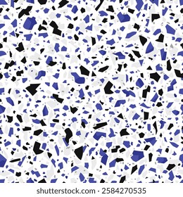 Terazzo marble stone floor, terrazo ceramic tile pattern, terazo mosaic texture background. Vector seamless repeated ornament, features blend of blue, black and grey marble, granite and glass chips