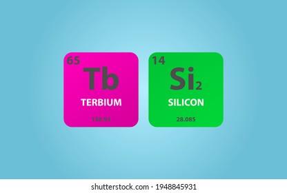 Terbium Disilicide TbSi2 molecule. Simple molecular formula consisting of Terbium, Silicon,  elements. Chemical compound simplified structure on blue background, for chemistry education
