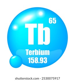 Ícone do térbio. Tb elemento químico. Número atômico 65. Massa 158,93. Esfera azul.