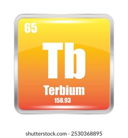 Ícone do térbio. Tb elemento químico. Número atômico 65. Massa 158,93. Imagem quadrada amarela. Símbolo de vetor.