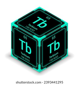 Terbium (Tb) (065) - Fundamental Element Futuristic Cybernetic Cube Block Isometric View, Icon Isolated White Background, Periodic Table, Chemical Symbol, Name, Atomic Mass, Atomic Number