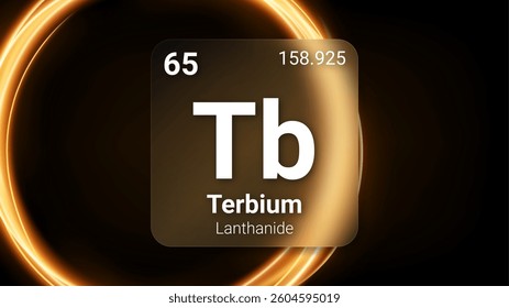Terbium (Tb) (065) Lanthanide, Glass Morphism Element Futuristic Neon Light Glow Background Periodic Table, Chemical Symbol, Name, Atomic Mass, Atomic Number, Vector Illustration