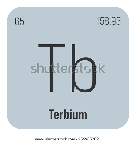 Terbium, Tb, periodic table element with name, symbol, atomic number and weight. Rare earth metal with various industrial uses, such as in certain types of lighting and as a component in certain types