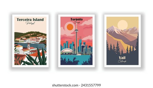 Terceira Island, Portugal. Toronto, Canada. Vail, Colorado - Set of 3 Vintage Travel Posters. Vector illustration. High Quality Prints