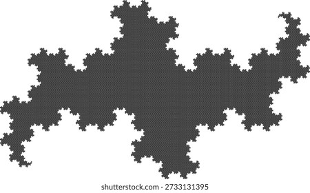 Patrón de Fractal de terdragón con nueve iteraciones sobre fondo blanco, formado por segmentos de línea negra, con una estructura geométrica abstracta, simetría, singularidad y autosimilitud. Adecuado para ilustración matemática, científica y educativa, diseño de fondo, carteles y decoración.