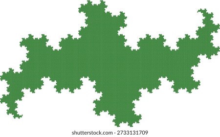 Patrón de Fractal de terdragón con nueve iteraciones sobre fondo blanco, formado por segmentos de línea verde, con una estructura geométrica abstracta, simetría, singularidad y autosimilitud. Adecuado para ilustración matemática, científica y educativa, diseño de fondo, carteles y decoración.