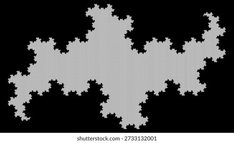Patrón de Fractal de terdragón con nueve iteraciones sobre fondo negro, formado por segmentos de línea blanca, con una estructura geométrica abstracta, simetría, singularidad y autosimilitud. Adecuado para ilustración matemática, científica y educativa, diseño de fondo, carteles y decoración.