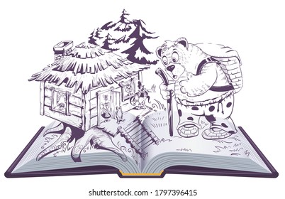 Teremok russian fairy tale open book illustration. Bear and house with animals. Isolated on white vector cartoon