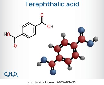 Terephthalic acid molecule. It is benzenedicarboxylic acid, precursor to the polyester PET. Structural chemical formula, molecule model. Vector illustration