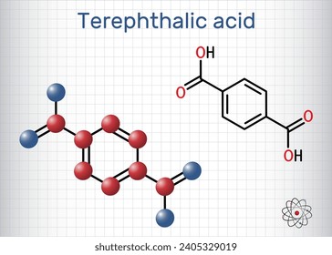 Terephthalic acid molecule. It is benzenedicarboxylic acid, precursor to the polyester PET. Molecule model. Sheet of paper in a cage. 