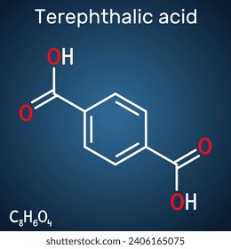 Terephthalic acid molecule. It is benzenedicarboxylic acid, precursor to the polyester PET. Structural chemical formula on the dark blue background. Vector illustration