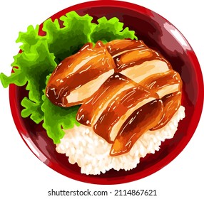 Teriyaki japanese food illustration vector. Rice with teriyaki chicken illustration vector. Plate of teriyaki chicken