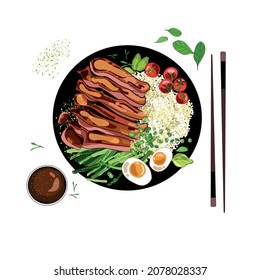 Teriyaki meat steak rice bowl with a branch of tomatoes, egg and asparagus, top view, hand drawing in realistic cartoon style, isolated on white background.Asian food.Vector illustration 