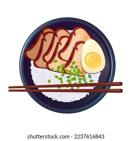 Teriyaki meat steak rice bowl with egg and chopsticks, top view. Asian food. Colorful vector illustration isolated on white background.