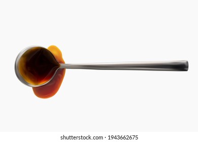 Teriyaki and soy sauce on spoon realistic 3d vector illustration isolated on white background. Portion of sauce. Close-up seasoning and dip