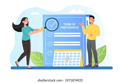 Term of reference schedule. Document is presented to project sponsor, investor or business angel by venture company. Flat abstract metaphor cartoon vector concept . Isolated on white background.