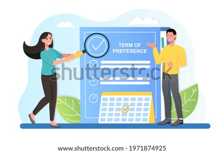 Term of reference schedule. Document is presented to project sponsor, investor or business angel by venture company. Flat abstract metaphor cartoon vector concept . Isolated on white background.