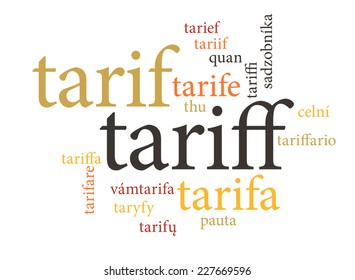 term of tariff in multi languages of word clouds. isolated on white background.