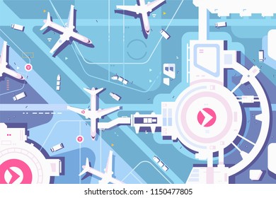 Terminal airport, airplanes and landing strip view from above. Vector illustration