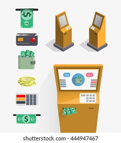 terminal atm in a different perspective, set of vector banking icons.