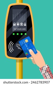 Terminal and bank card in hand. Airport, metro, bus, subway ticket terminal validator. Wireless, contactless or cashless payments, rfid nfc. Vector illustration in flat style