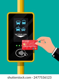 Terminal and bank card in hand. Airport, metro, bus, subway ticket terminal validator. Wireless, contactless or cashless payments, rfid nfc. Vector illustration in flat style