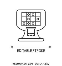 Terminal based lottery game linear icon. Electronic gambling machine. Printing tickets. Thin line customizable illustration. Contour symbol. Vector isolated outline drawing. Editable stroke