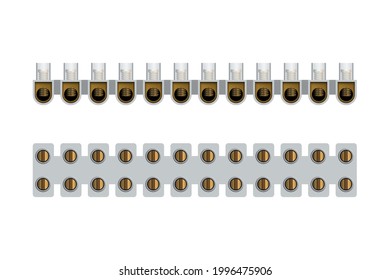 Terminal block on 12 contacts for connection of electric wires. Components for use in electrical installations. Vector illustration.