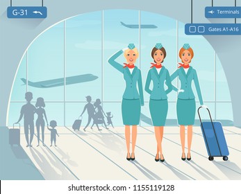 Terminal building. Vector background picture with stewardess in airport. Airplane flight and woman attendant airline illustration