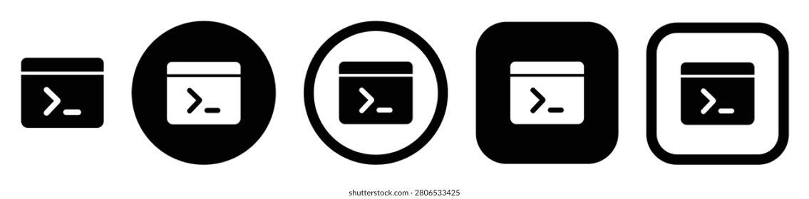 Terminal, command line, console, shell, prompt and code icons for programming, scripting and developer interfaces.