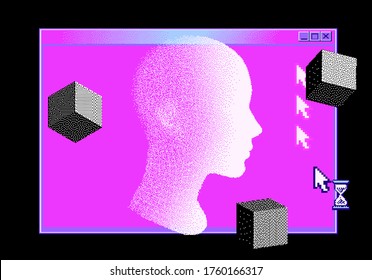 Terminal console vindow and cubes made in pixel art 8-bit style. Concept of Artificial intelligence.