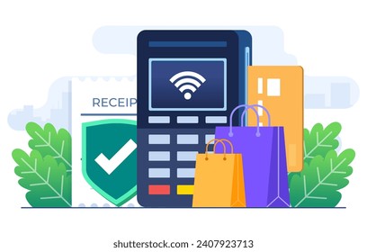 Terminal for contactless and wireless goods payment flat illustration vector template, POS terminal confirms the payment by debit card, Invoice, Shopping concept, Payment machine, Credit card